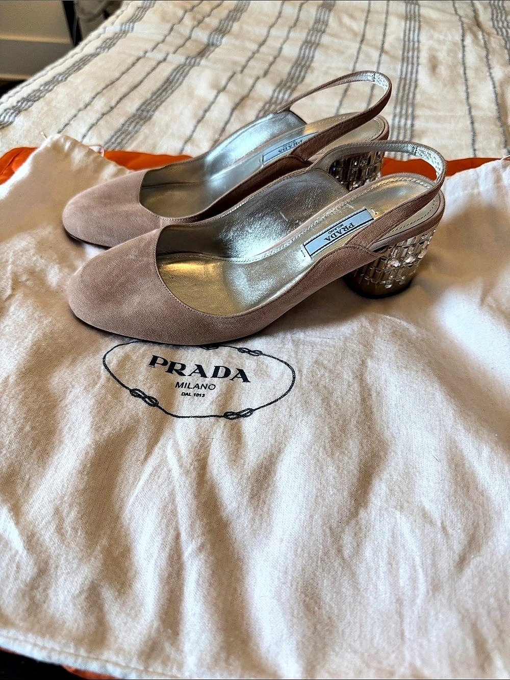 Prada Suede Crystal-Embellished Block Heel Slingback Pumps Pink EU 38.5